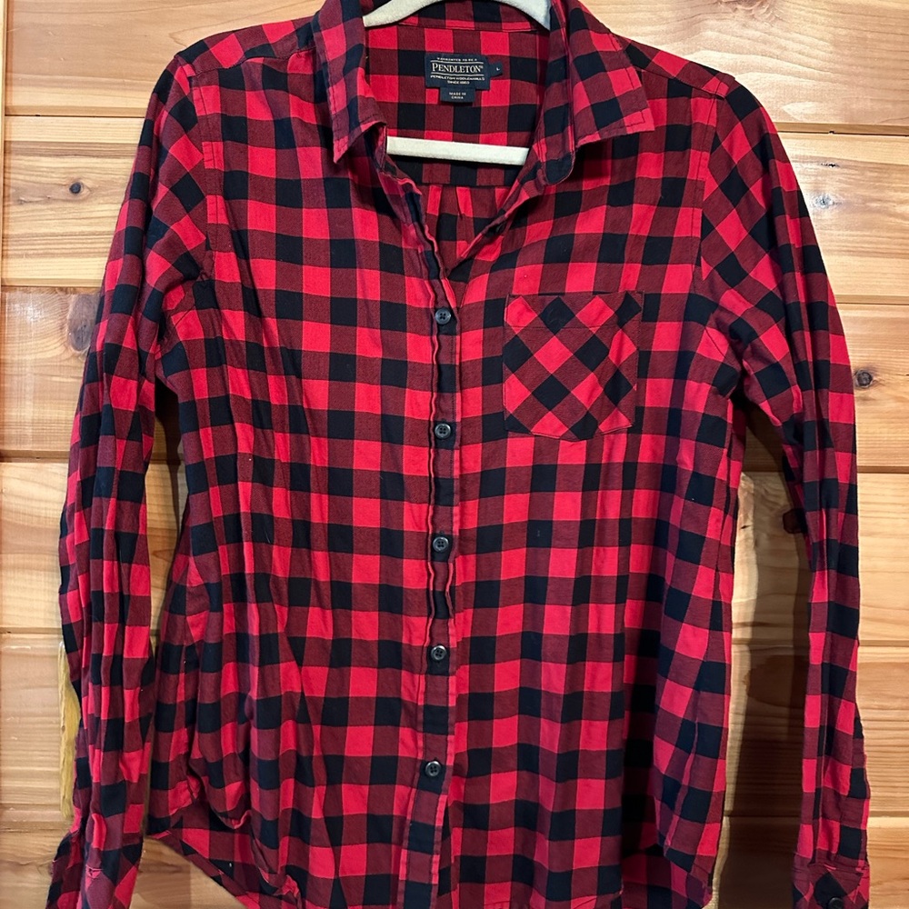 Pendleton Red Plaid Button-Up Shirt sz L 100% cotton